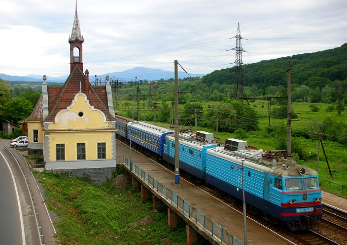 Train and station in Carpathian Mts